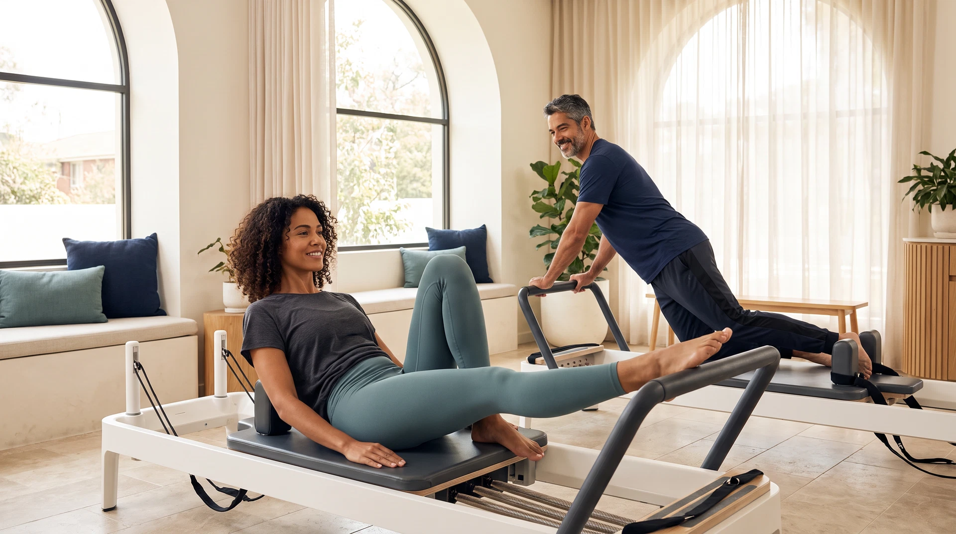 Pessoas praticando Pilates em aparelhos em um estúdio iluminado.